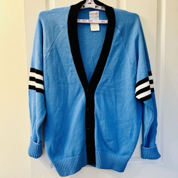 Vtg Varsity Cardigan Sweater L Blue Cheerleader Supply USA Orlon Acrylic Stripes - Picture 1 of 9